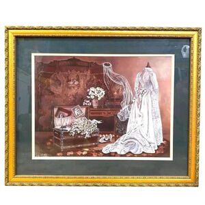 VTG Home & Garden Party Victorian Wedding Theme Gold Art Frame 18”x22” Signed
